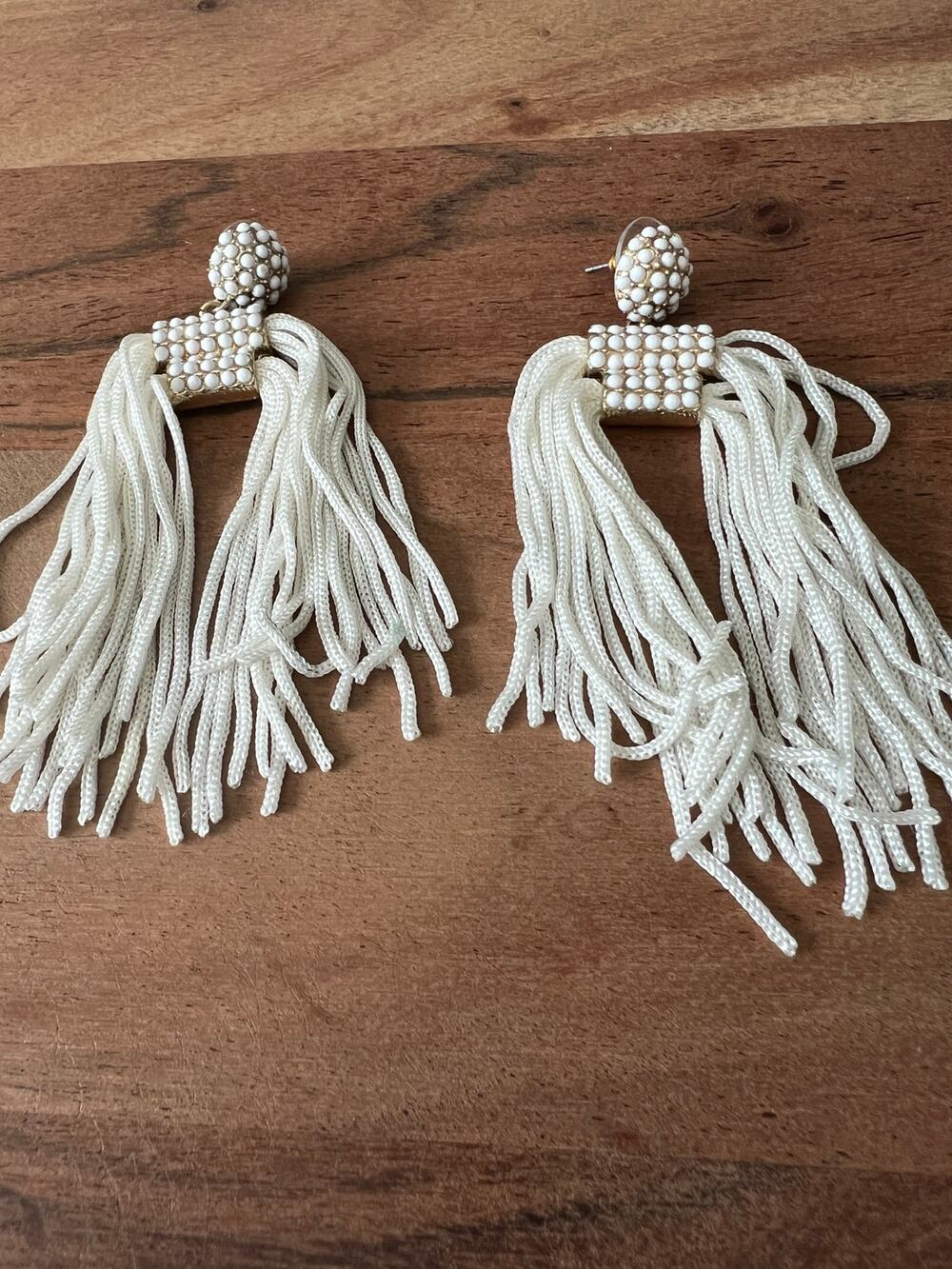 J.McLaughlin Beaded Tassel Earrings Fringe Gold White Resort Wear Statement